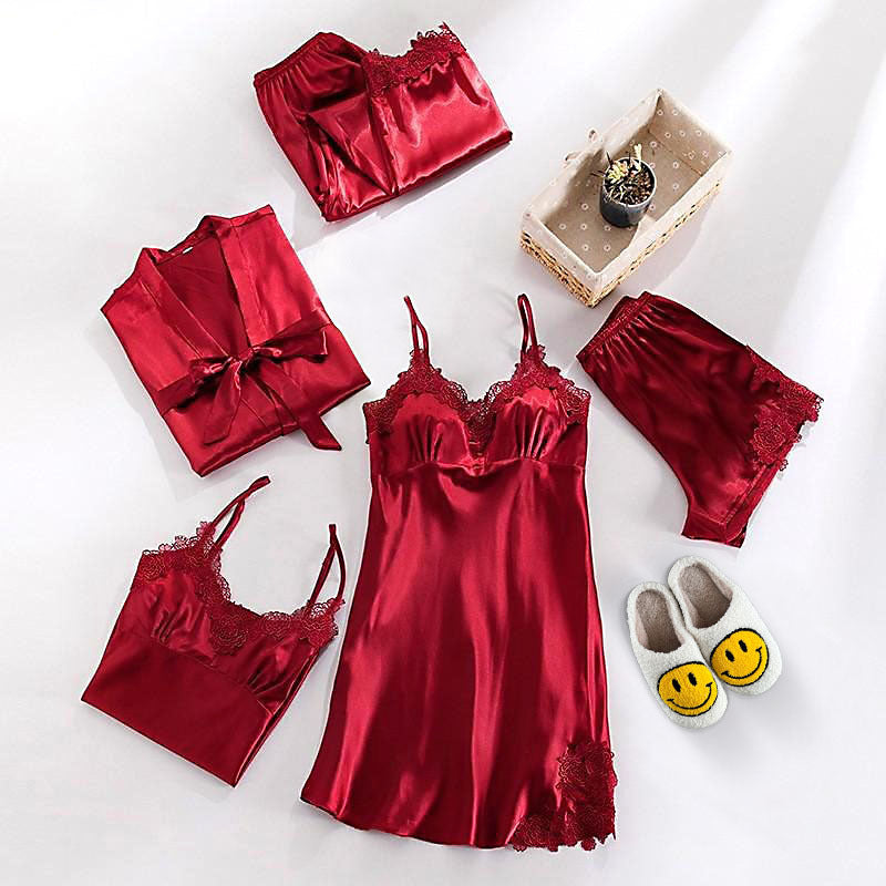 LeRoxy | Luxe Satijnen Pyjama Set 5-delig met Elegante Kantdetails voor Dames