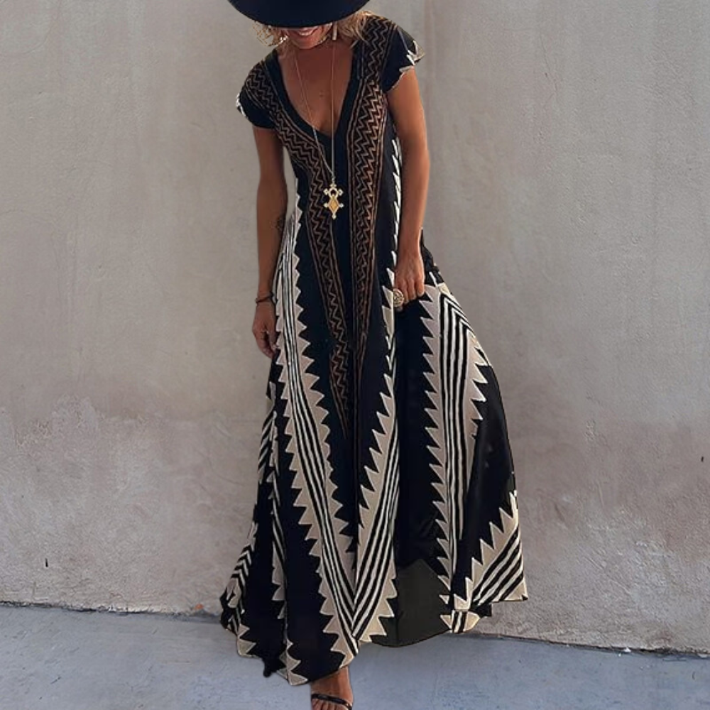 LeRoxy Boheemse Maxi Jurk met Geometrisch Patroon | Stijlvolle en Comfortabele Mode