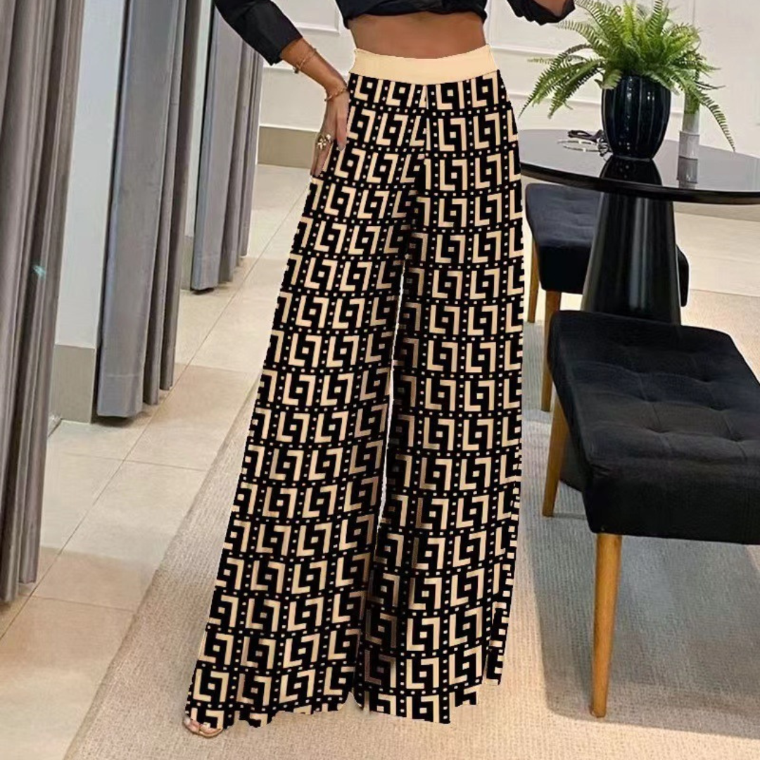 LeRoxy | Damesbroek met wijde pijpen en artistieke print | Comfortabele high-waist pasvorm
