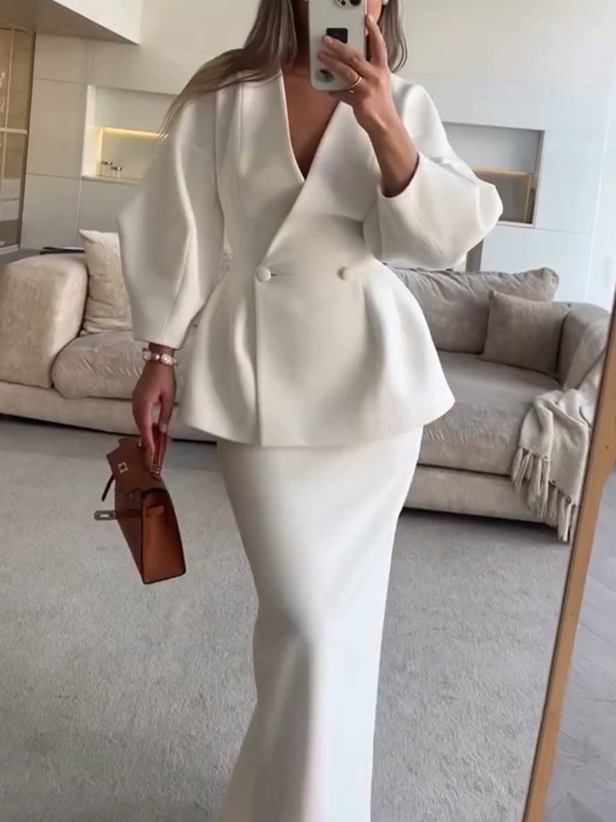 LeRoxy | 2-Delige Tailored Dames Set | V-Hals Blazer en Rok | Elegante Outfit voor Werk & Gelegenheden