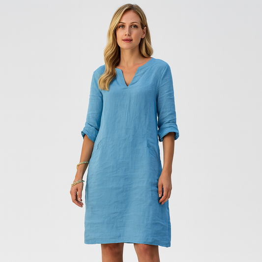 LeRoxy | Linnen Jurk | Luchtige Zomerjurk met V-Hals en Relaxte Pasvorm voor Lente & Zomer