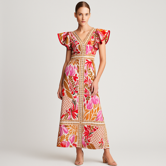LeRoxy | Maxi Jurk met Bloemenprint en Volantmouwen voor Dames