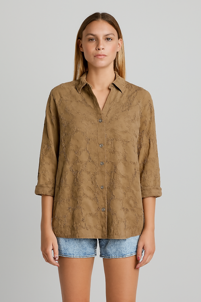 LeRoxy | Bruine Blouse met Stijlvol Patroon | Trendy & Comfortabel Dameskleding