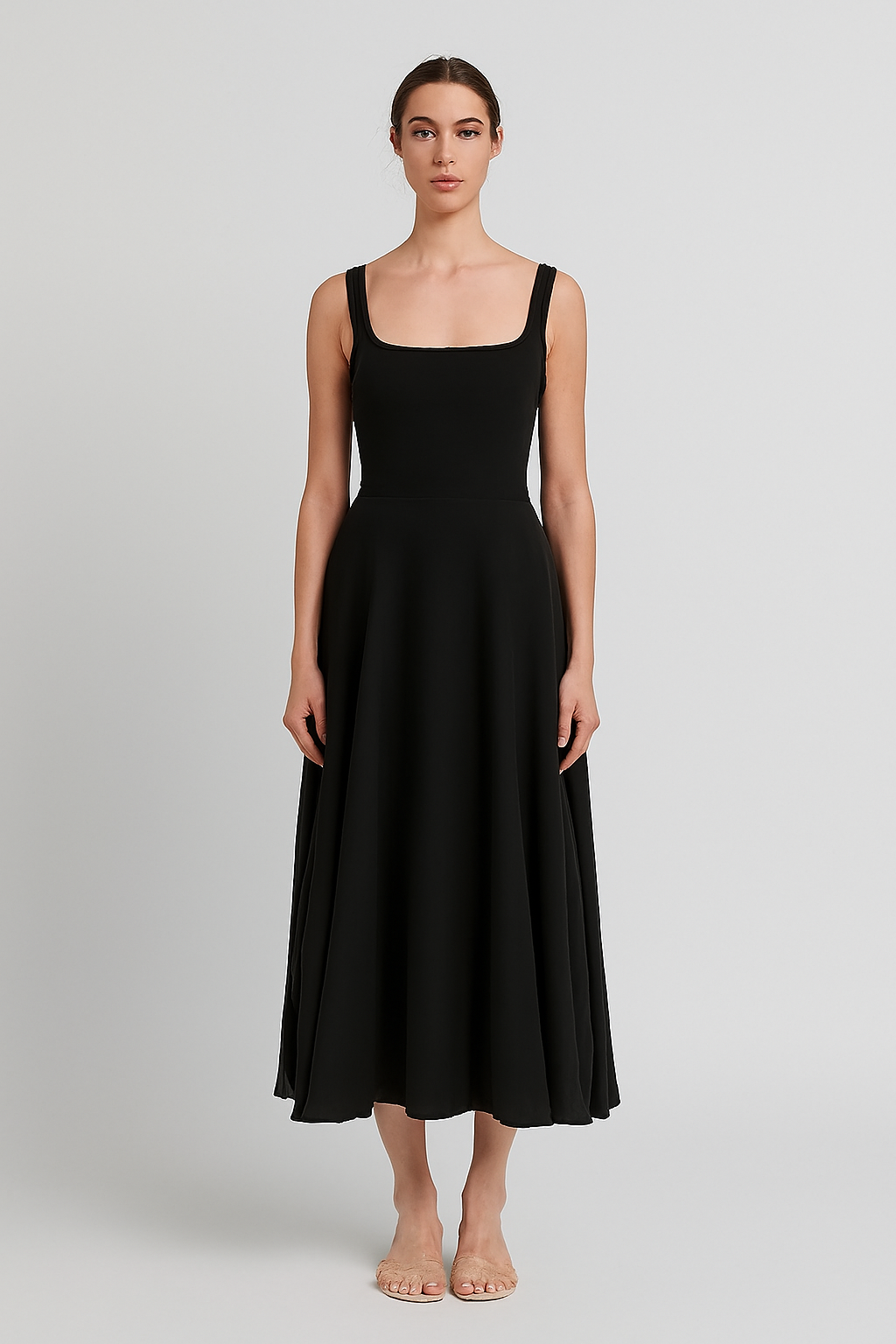 LeRoxy | Stijlvolle Dames Midi-Jurk met Vierkante Hals | Elegant en Tijdloos