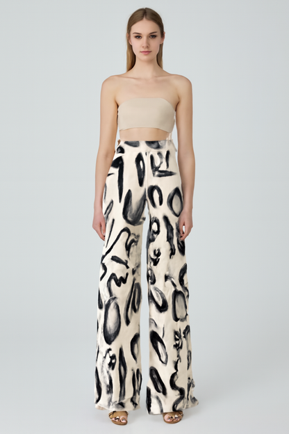 LeRoxy | Damesbroek met wijde pijpen en artistieke print | Comfortabele high-waist pasvorm