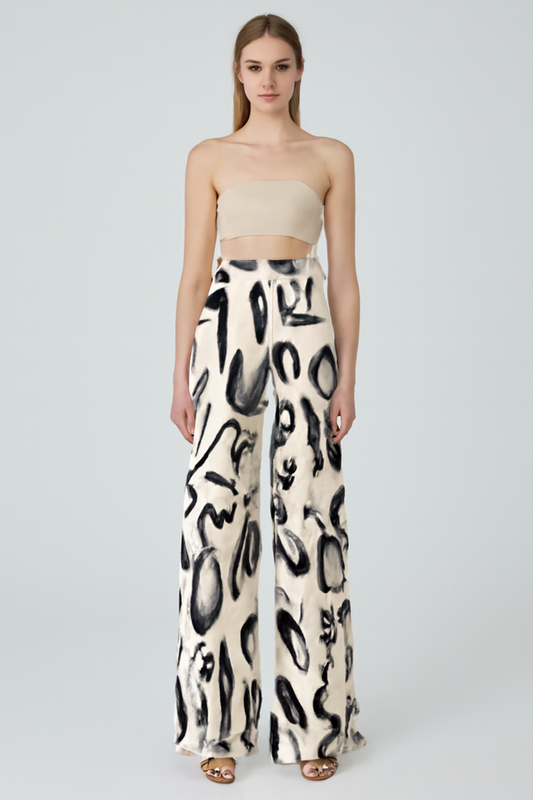 LeRoxy | Damesbroek met wijde pijpen en artistieke print | Comfortabele high-waist pasvorm