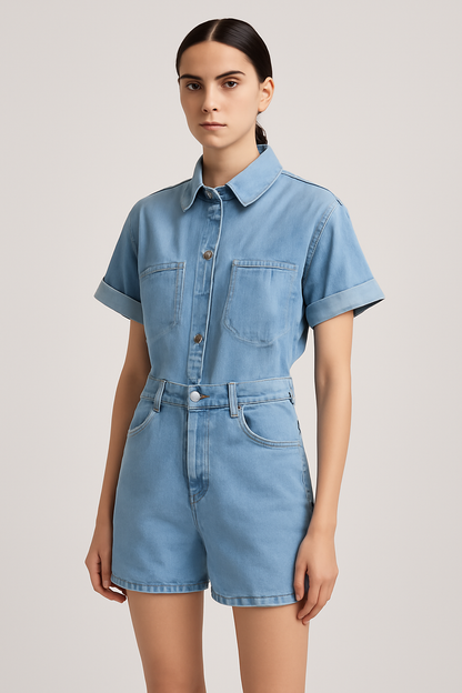 LeRoxy | Dames Jumpsuit Korte Mouwen | Denim Blauw | Casual Zomeroutfit 2025