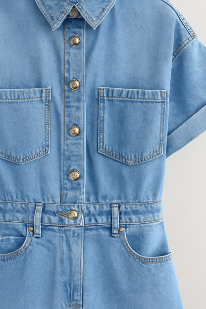 LeRoxy | Dames Jumpsuit Korte Mouwen | Denim Blauw | Casual Zomeroutfit 2025