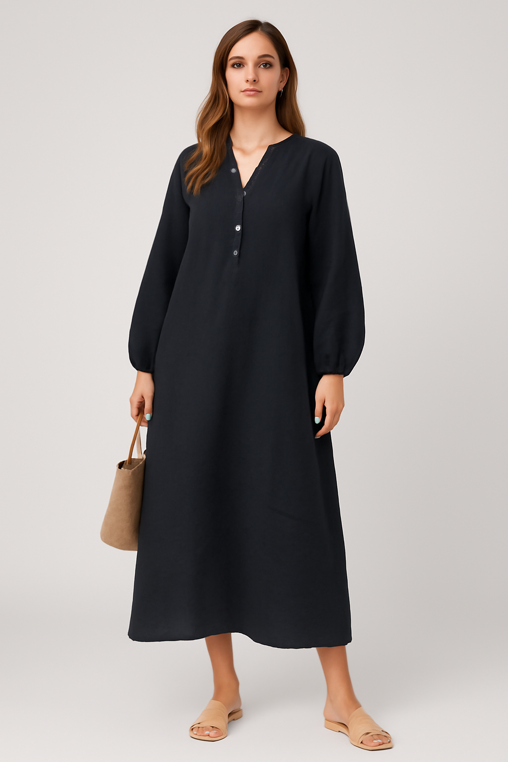 LeRoxy | Kaki Katoenen Linnen Jurk met V-Hals | Comfortabele Zomerjurk voor Dames