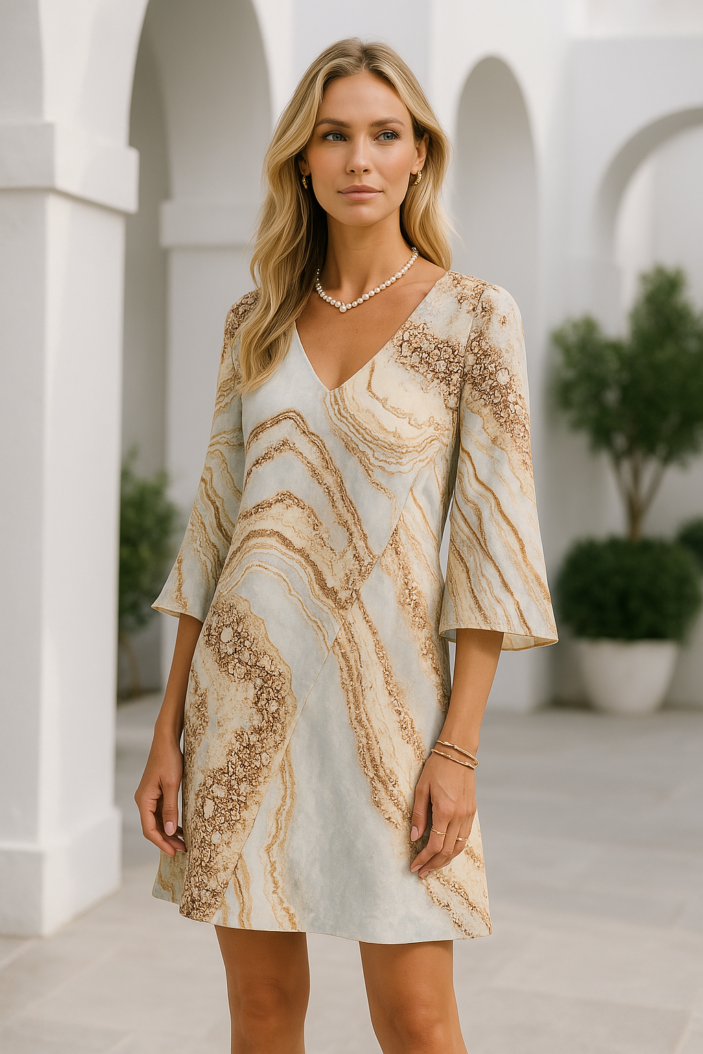 LeRoxy | Classy Korte Damesjurk met V-Hals en Marmerprint | Stijlvolle Zomerjurk