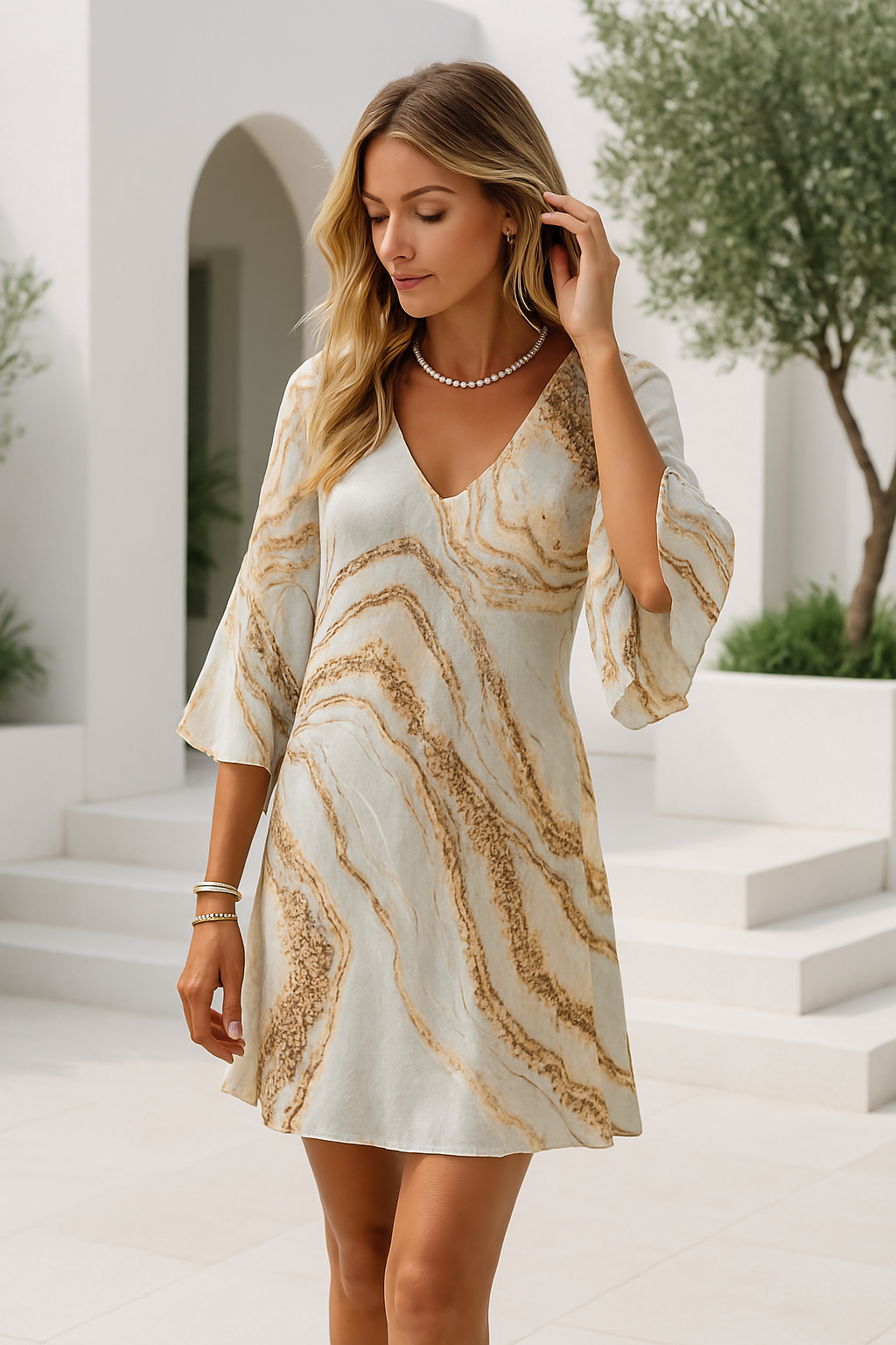 LeRoxy | Classy Korte Damesjurk met V-Hals en Marmerprint | Stijlvolle Zomerjurk