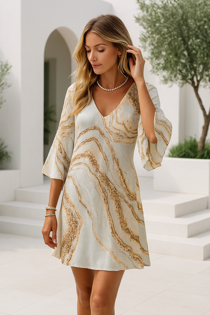 LeRoxy | Classy Korte Damesjurk met V-Hals en Marmerprint | Stijlvolle Zomerjurk