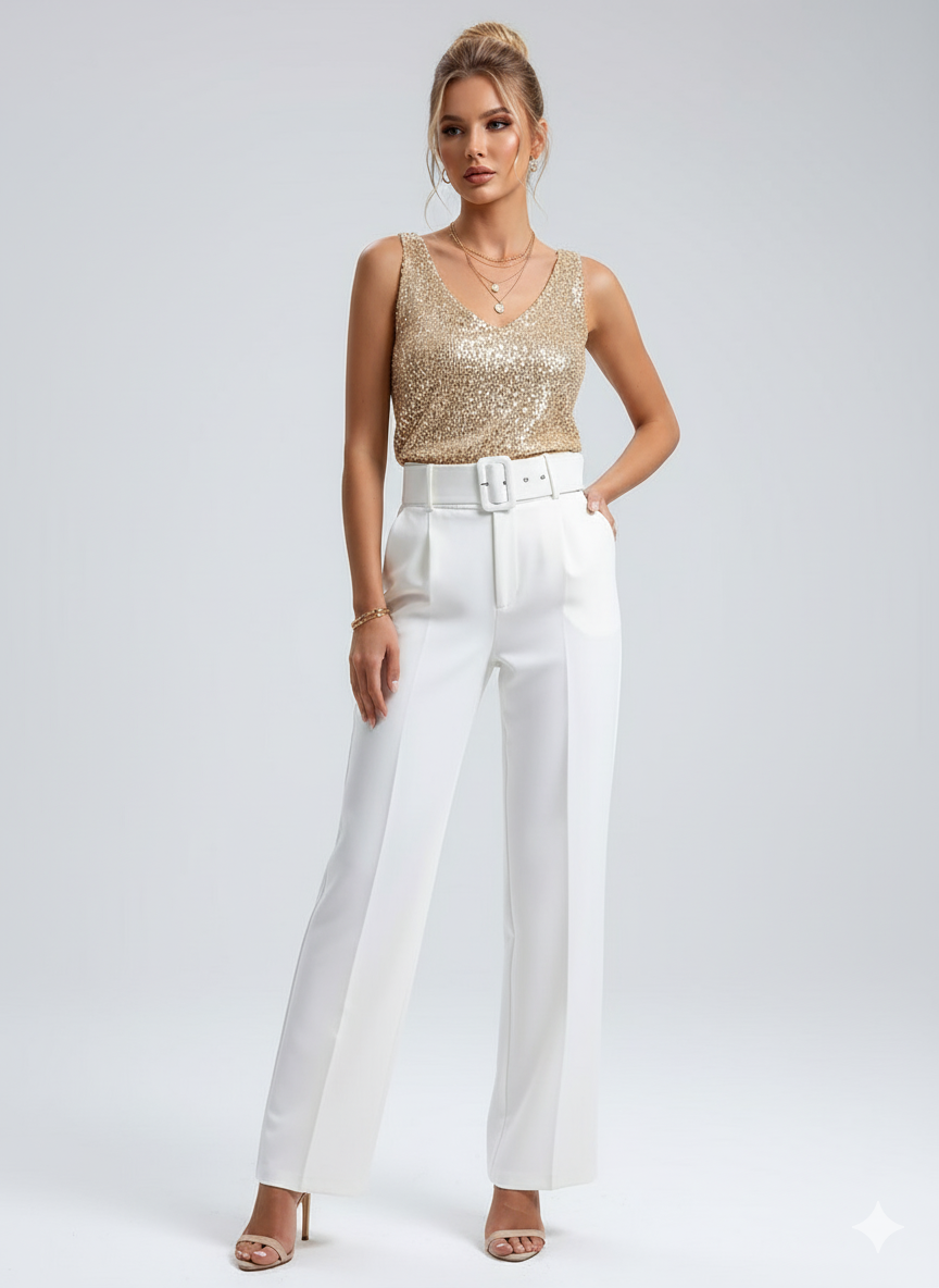 LeRoxy | Dames V-Hals Top met Glitter en Pailletten | Feestelijke Party Shirt