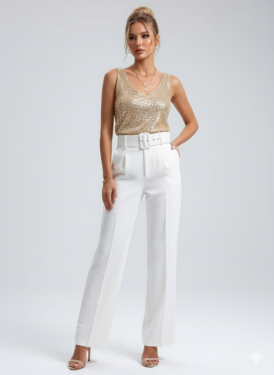 LeRoxy | Dames V-Hals Top met Glitter en Pailletten | Feestelijke Party Shirt
