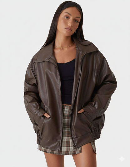 LeRoxy | Trendy Oversized Leren Jas voor Dames | Modieuze Lange Damesjas