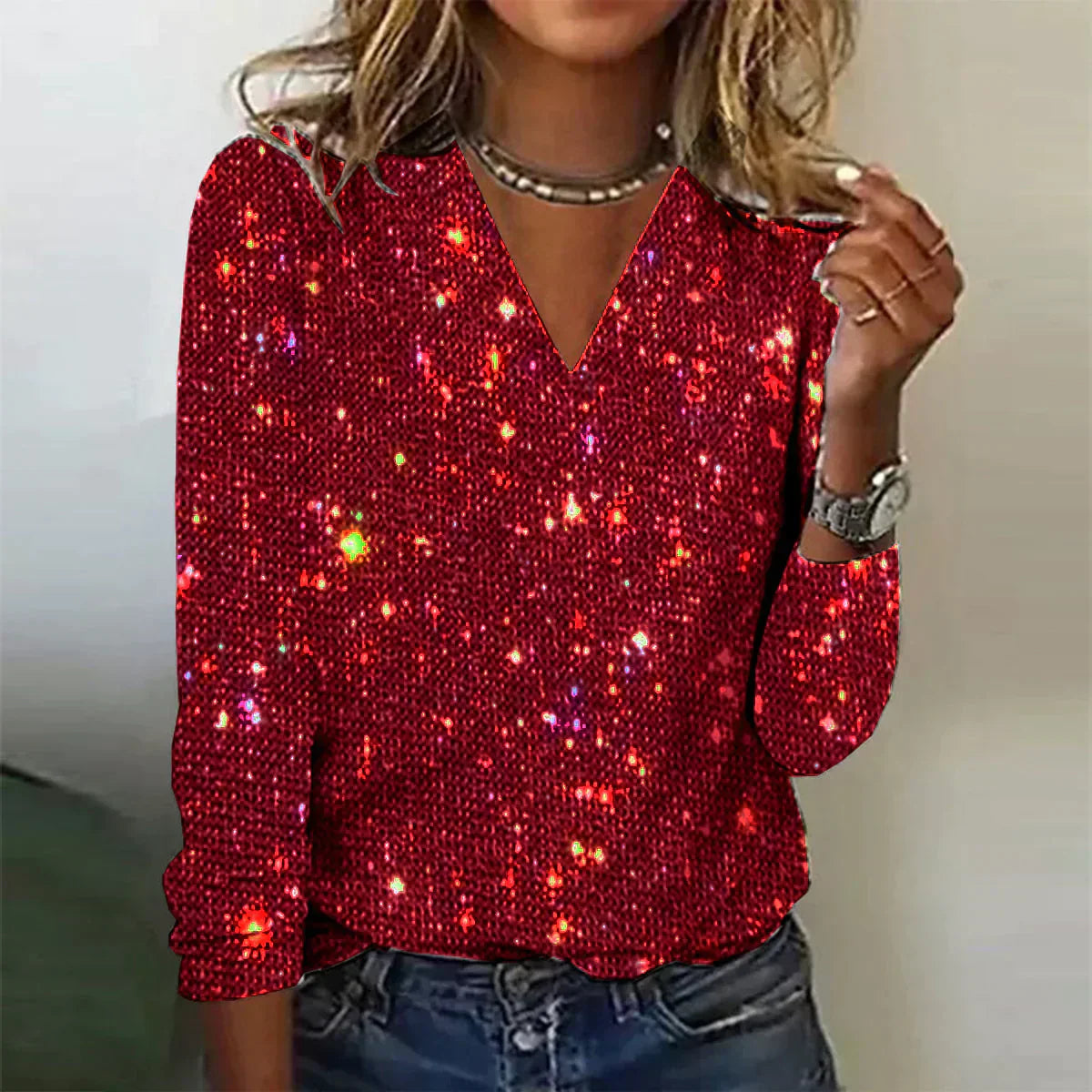 LeRoxy | Glitter V-Neck Party Top | Stijlvolle Glanzende Top voor Feestjes & Avonden Uit