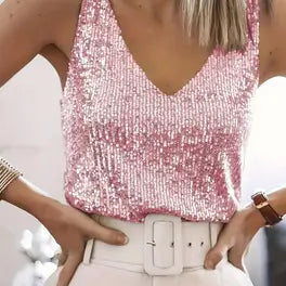 LeRoxy | Dames V-Hals Top met Glitter en Pailletten | Feestelijke Party Shirt