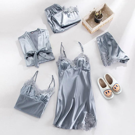 LeRoxy | Luxe Satijnen Pyjama Set 5-delig met Elegante Kantdetails voor Dames