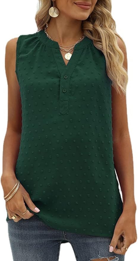 LeRoxy | Luchtige Mouwloze Zomerblouse met Zwitserse Stip & V-hals | Casual Top met Knoopjes