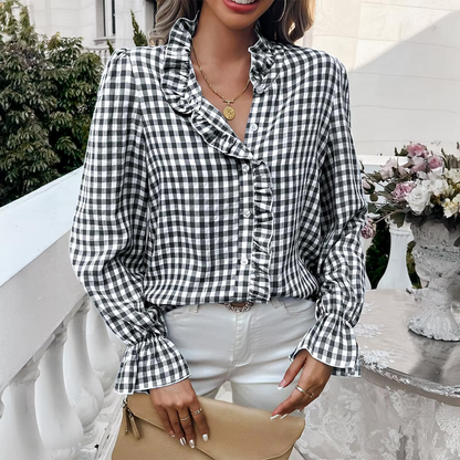 LeRoxy | Vintage Geruite Blouse Dames - Elegante Casual Overhemd van Polyester