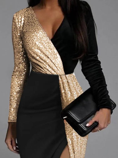 LeRoxy | jurk met gouden glitters en hoge split | feestelijke damesjurk
