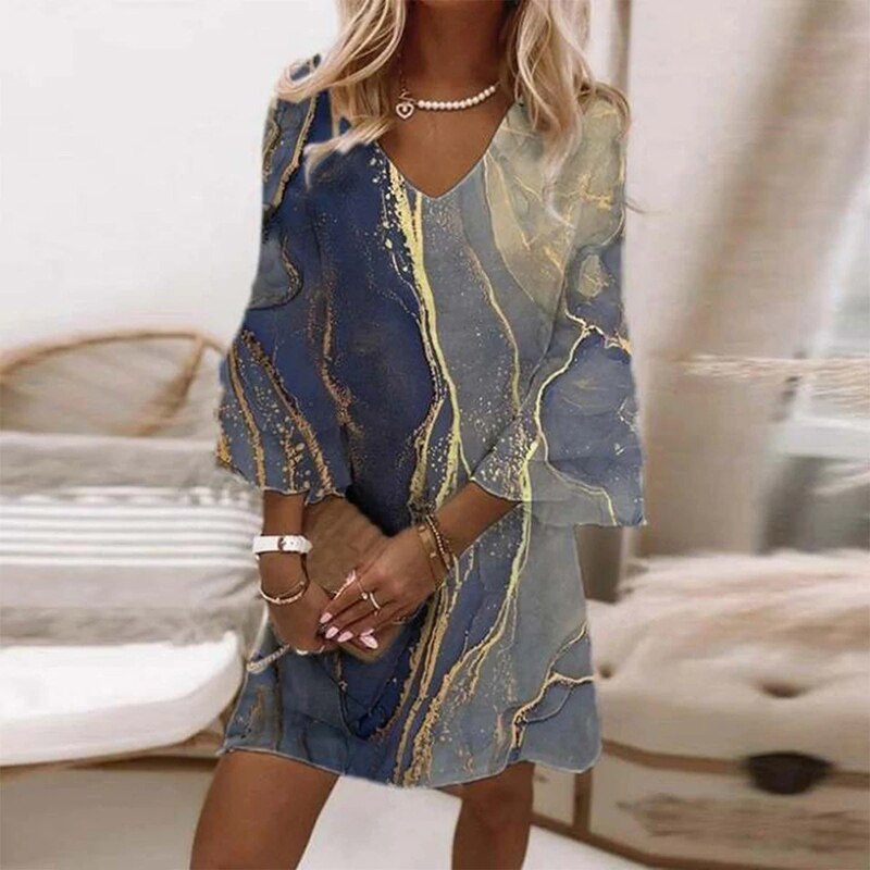 LeRoxy |  Classy Damesjurk Korte V-Hals Marmerprint