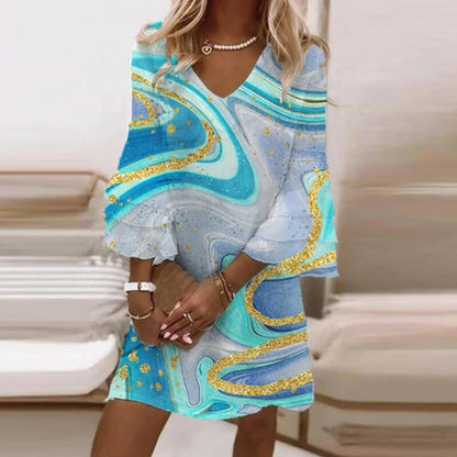 LeRoxy |  Classy Damesjurk Korte V-Hals Marmerprint
