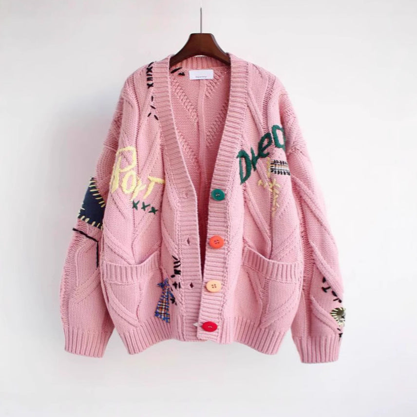 LeRoxy | Dames vest oversized | grove knit met ribboorden, steekzakken en borduursels