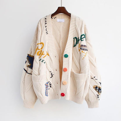 LeRoxy | Dames vest oversized | grove knit met ribboorden, steekzakken en borduursels