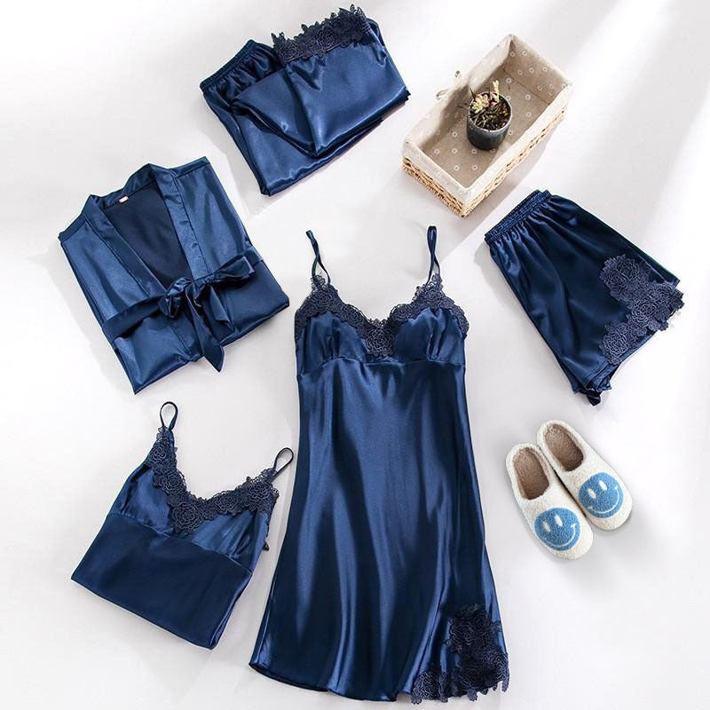 LeRoxy | Luxe Satijnen Pyjama Set 5-delig met Elegante Kantdetails voor Dames