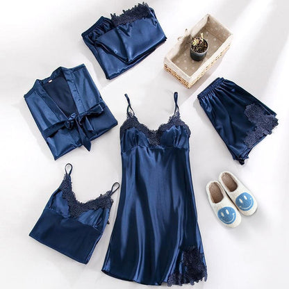 LeRoxy | Luxe Satijnen Pyjama Set 5-delig met Elegante Kantdetails voor Dames