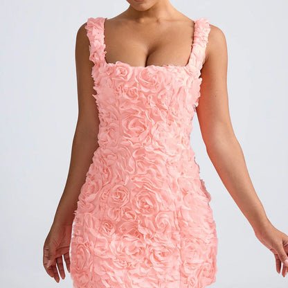 LeRoxy | Dames Slim Fit Mini Jurk met 3D Bloem Applicaties, Vierkante Hals en Mouwloos | Avondkleding