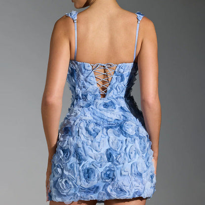 LeRoxy | Dames Slim Fit Mini Jurk met 3D Bloem Applicaties, Vierkante Hals en Mouwloos | Avondkleding