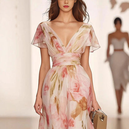 LeRoxy | Dames Maxi Jurk Chiffon | V-Hals, Flutter Mouwen, Bloemenprint | Fit & Flare