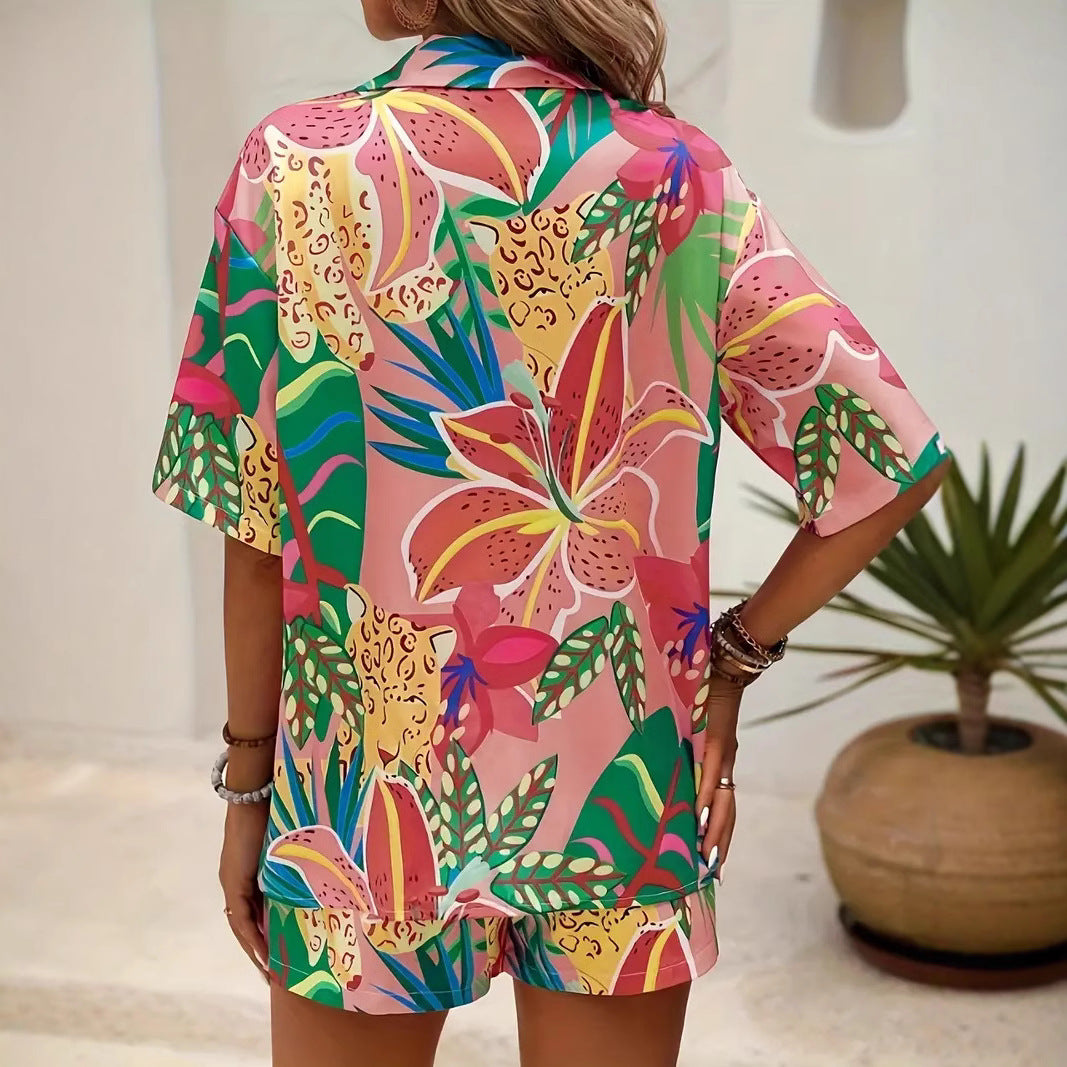 LeRoxy | Dames Set Shirt en Shorts | Lichtgewicht, Ademend | Relaxed Fit Tropische Print