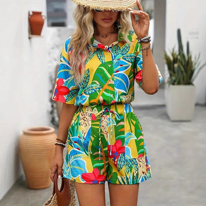 LeRoxy | Dames Set Shirt en Shorts | Lichtgewicht, Ademend | Relaxed Fit Tropische Print