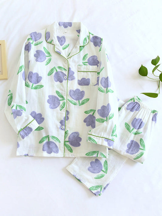 LeRoxy | Luxe Katoenen Dames Pyjama Set met Lange Mouwen | Warme Winter Nachtkleding