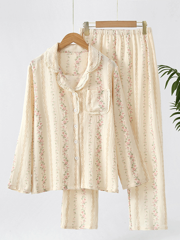 LeRoxy | Dames Pyjama Set met Bloemenprint en Kant | Luxe Nachtkleding