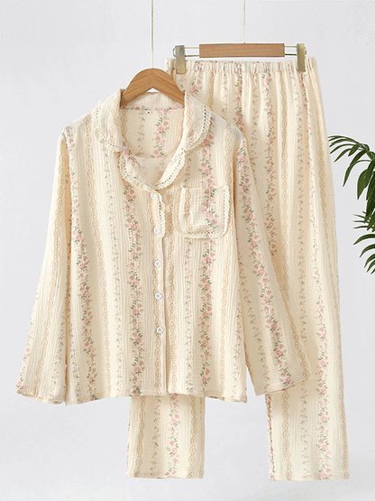 LeRoxy | Dames Pyjama Set met Bloemenprint en Kant | Luxe Nachtkleding