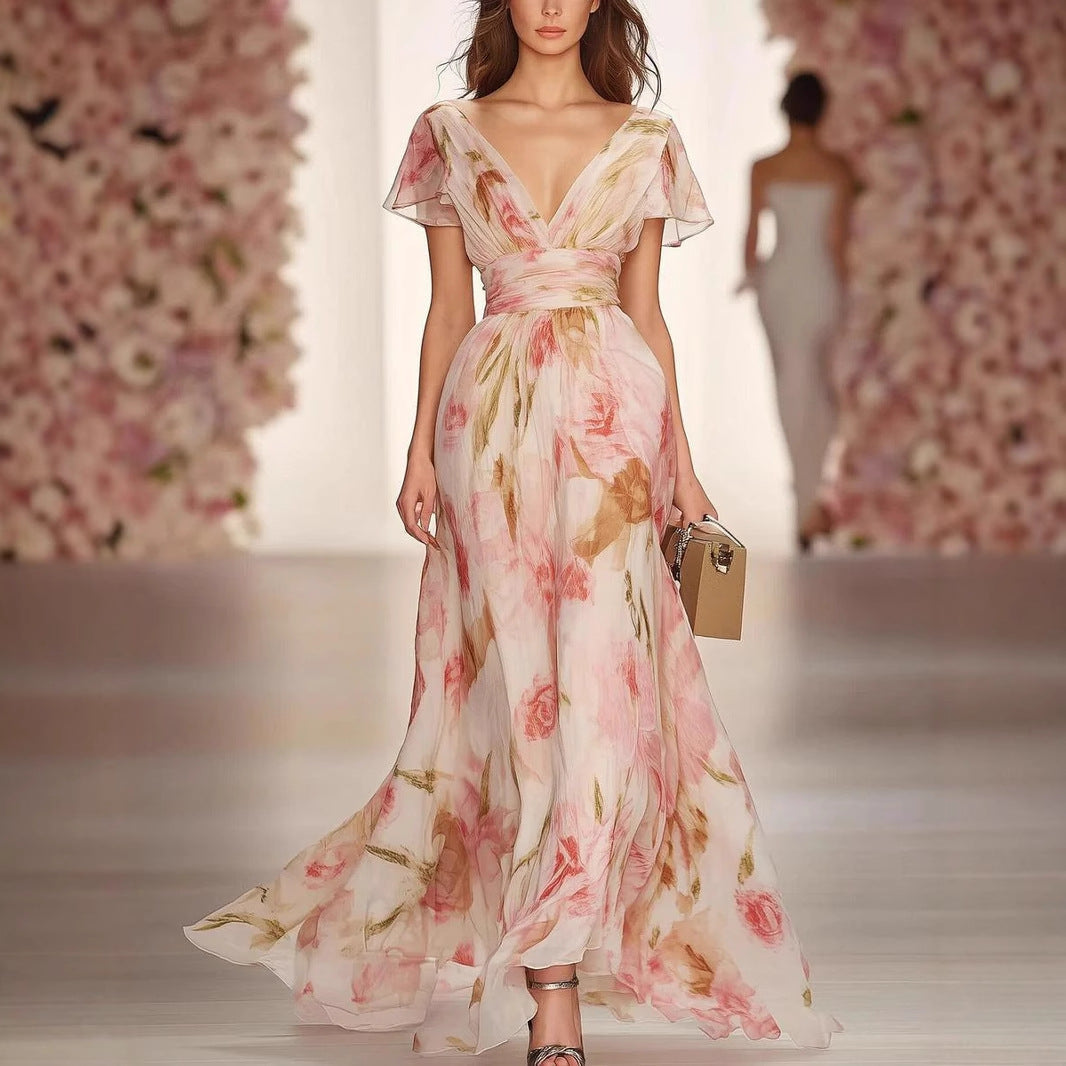 LeRoxy | Dames Maxi Jurk Chiffon | V-Hals, Flutter Mouwen, Bloemenprint | Fit & Flare