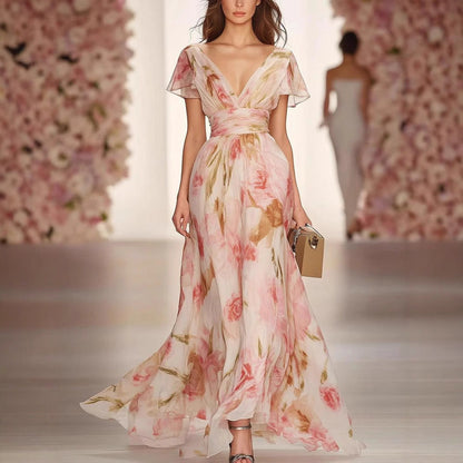 LeRoxy | Dames Maxi Jurk Chiffon | V-Hals, Flutter Mouwen, Bloemenprint | Fit & Flare