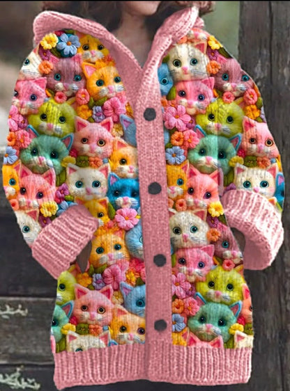 LeRoxy | Gebreide Damesjas met Knoopsluiting en Kattenprint | Comfortabel & Stijlvol
