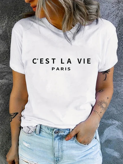 LeRoxy | T-shirt met Tekst C'est La Vie | Dames T-shirt met Franse Opdruk | Casual Mode uit Parijs