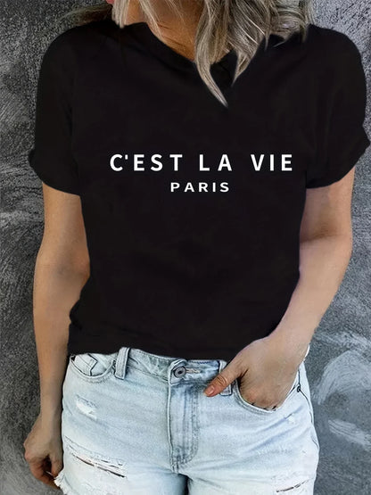 LeRoxy | T-shirt met Tekst C'est La Vie | Dames T-shirt met Franse Opdruk | Casual Mode uit Parijs