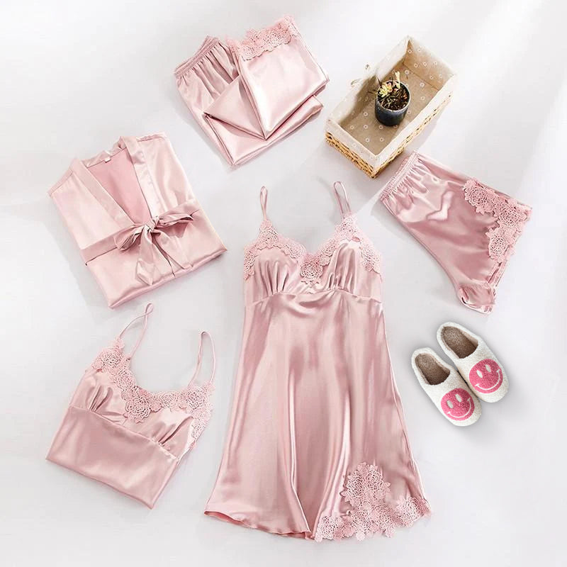 LeRoxy | Luxe Satijnen Pyjama Set 5-delig met Elegante Kantdetails voor Dames