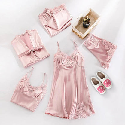 LeRoxy | Luxe Satijnen Pyjama Set 5-delig met Elegante Kantdetails voor Dames