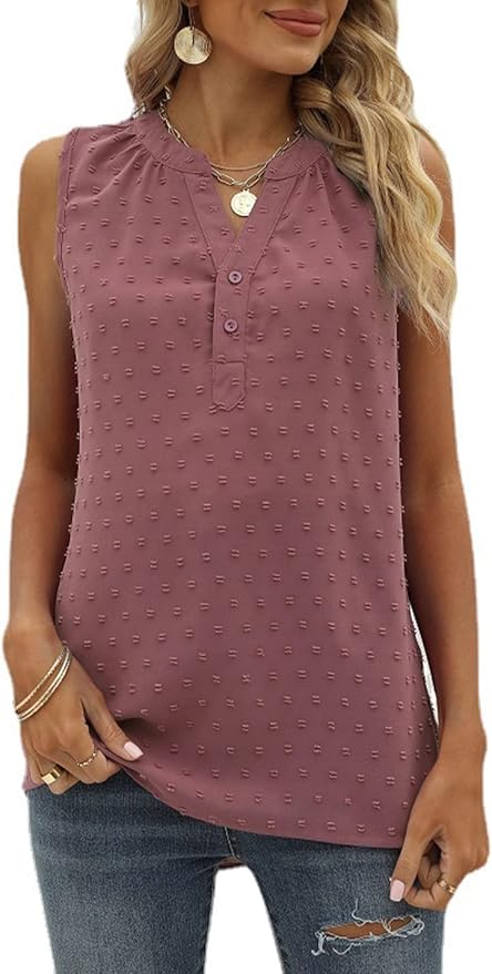 LeRoxy | Luchtige Mouwloze Zomerblouse met Zwitserse Stip & V-hals | Casual Top met Knoopjes