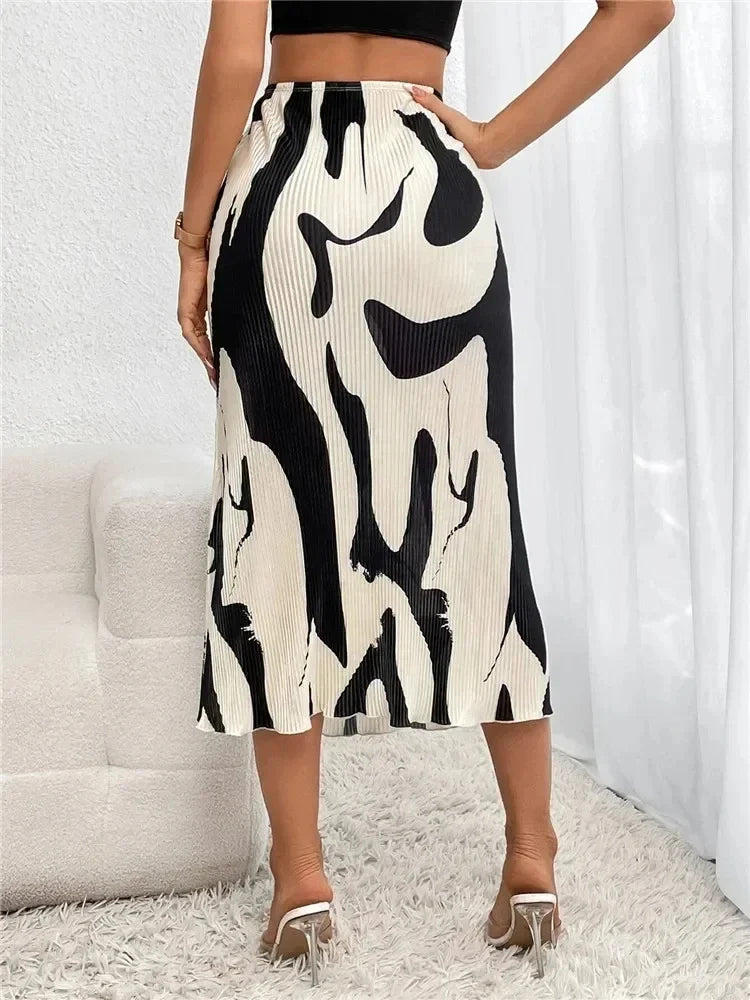 Leroxy | Dames Midi-Rok | Hoge Taille & Geplooid |Trendy Grafische Print