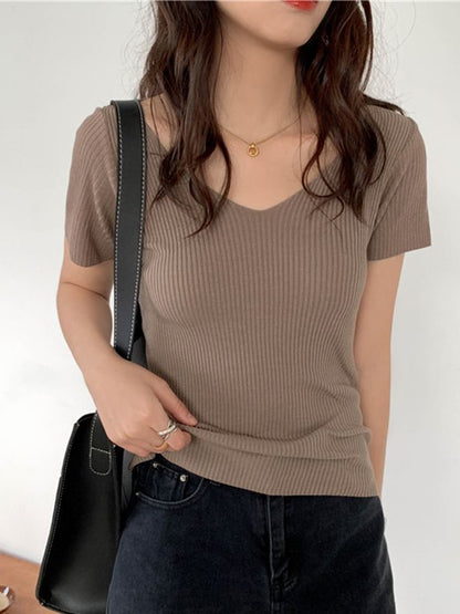 LeRoxy | Zomer V-Hals Geribd Slim Fit T-Shirt | Korte Mouw Gebreide Pullover voor Dames