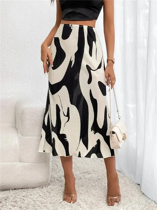 Leroxy | Dames Midi-Rok | Hoge Taille & Geplooid |Trendy Grafische Print